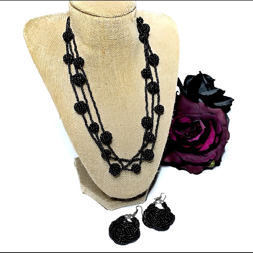 Caché Black beaded necklace and earrings set EUC